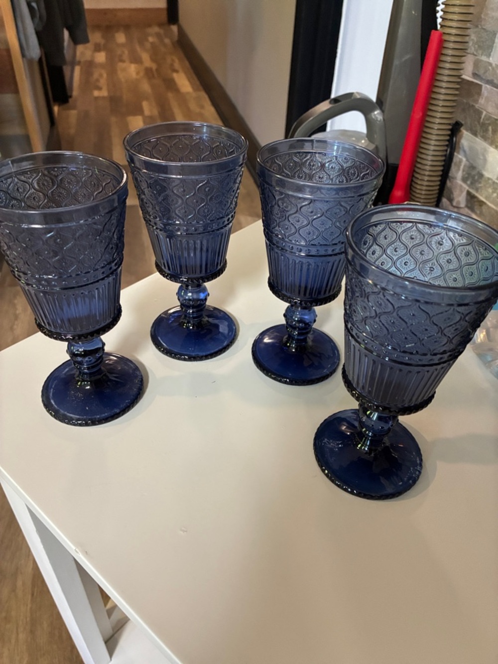 Blue Embossed Glass Goblet - Set of 4